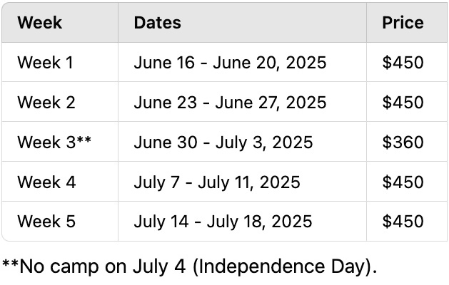 Summer Camp 2025-Tuition Table