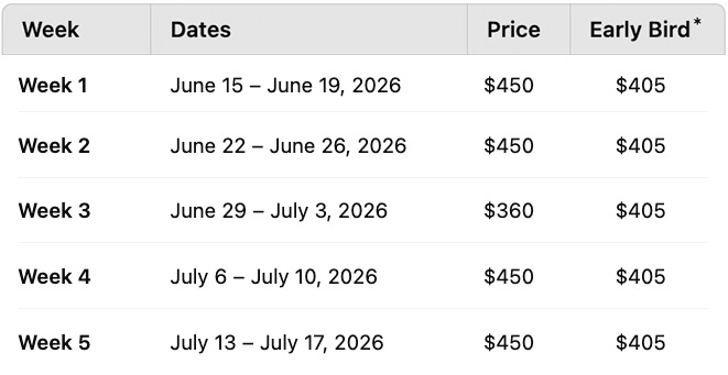 Summer Camp 2026-Tuition Table & Early Bird Discount